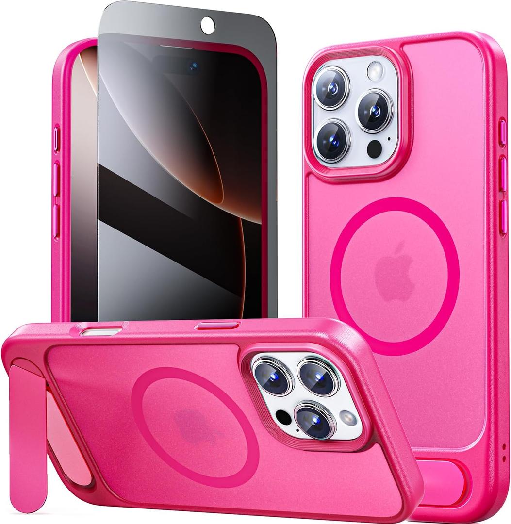 JJL Magnetic for iPhone 16 Pro Max Case, [Built-in Invisible Kickstand] [Compatible with MagSafe] Slim Translucent Matte Phone Cover, Hot Pink