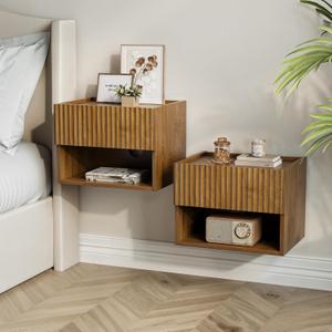 Floating Nightstand Bedroom Bedside Table - Floating Night Stand Set 2 for Small Spaces, Wall Mounted Cabinet with Storage Drawer, Brown Modern Night Stand for Dorm Hallway Entryway