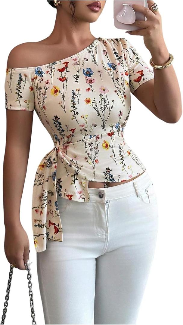 Women's Off The Shoulder Tops Floral Graphic Tees Knot Side Short Sleeve Elegant Crop Tshirts (White, L)