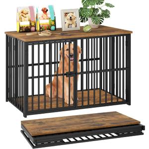 YATINEY Foldable Dog Crate Furniture, 37.4" Dog Kennel for Medium Dogs, No Assembly, Collapsible Dog Crate, Indoor Dog Cage End Table, with Secure Lock, for Living Room, Hallway, Bedroom, DC12BR