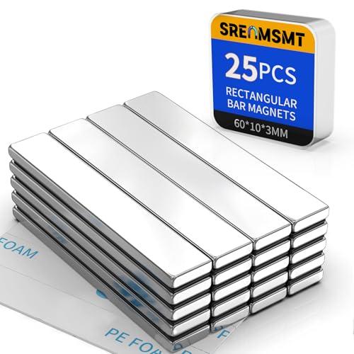 SRENMSMT Powerful Neodymium Bar Magnets, 25 Pack Rare Earth Magnet, Heavy Duty Magnets, Small Magnet Strong for Fridge, DIY, Garage, Kitchen, Science, Craft, Office-60x10x3 mm