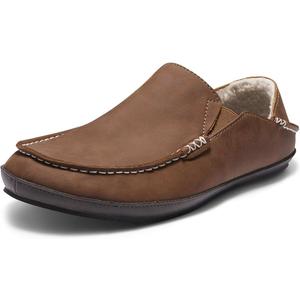 Men’s Premium Everyday Moccasin Slippers Crafted Leather Upper Plush Shearling-Style Lining Removable PU Arch Support Insole with Deep Heel Cup Non-Slip Non-Marking Rubber Sole Fold-Down Heel Indoor Outdoor, 10
