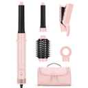 2.0 Dual Voltage Hair Dryer Brush - Travel 5-in-1 Hot Air Hair Styler with Auto Wrap Curlers, Air Straightener Adds Shine, Smooth, Curl & Volume for Salon Blowout, lonic Frizz Control, Pink