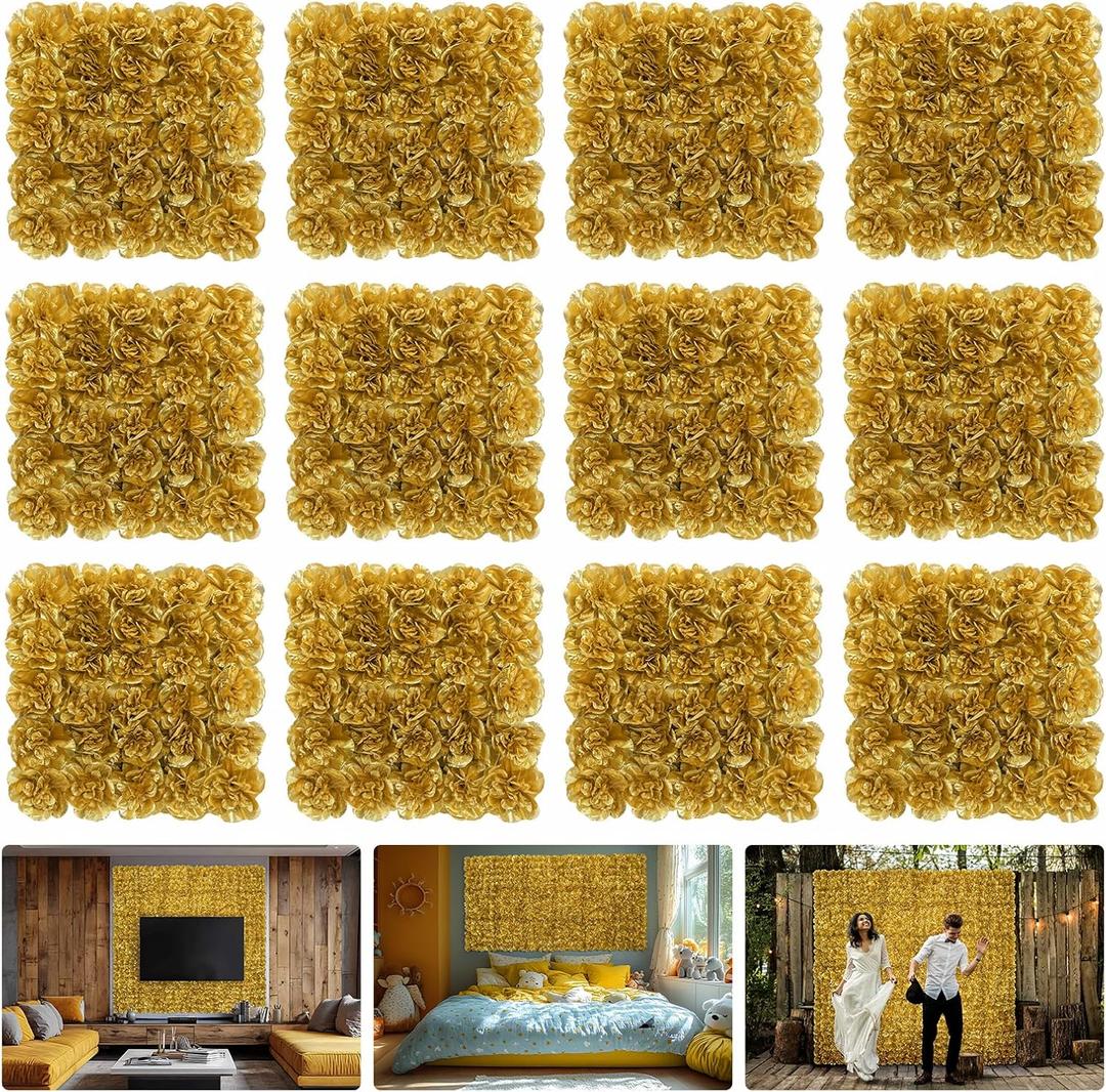 Flower Wall Backdrop12 pcs 16.5x16.5 Inch Floral Wall Panel Artificial Silk Rose Wall Decor Ideal for Wedding Celebrations, Festive Party Backdrops, and Home Decor-Gold