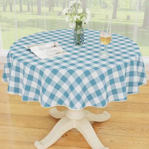 Smiry Plastic Table Cloth, Waterproof Vinyl Tablecloth with Flannel Backing, Wipeable Buffalo Plaid Table Cover for Picnic, Indoor and Outdoor (Aquamarine & White, 60" Round)