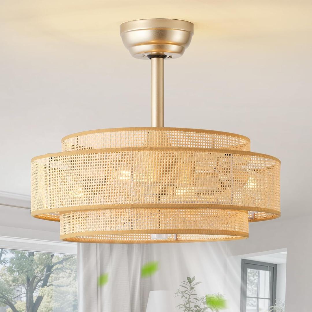 20'' Gold Boho Fandelier Ceiling Fan with Light, Bedroom Chandelier with Light Remote Control, Caged with 6 Speeds for Bedroom, Nursery, Living Room