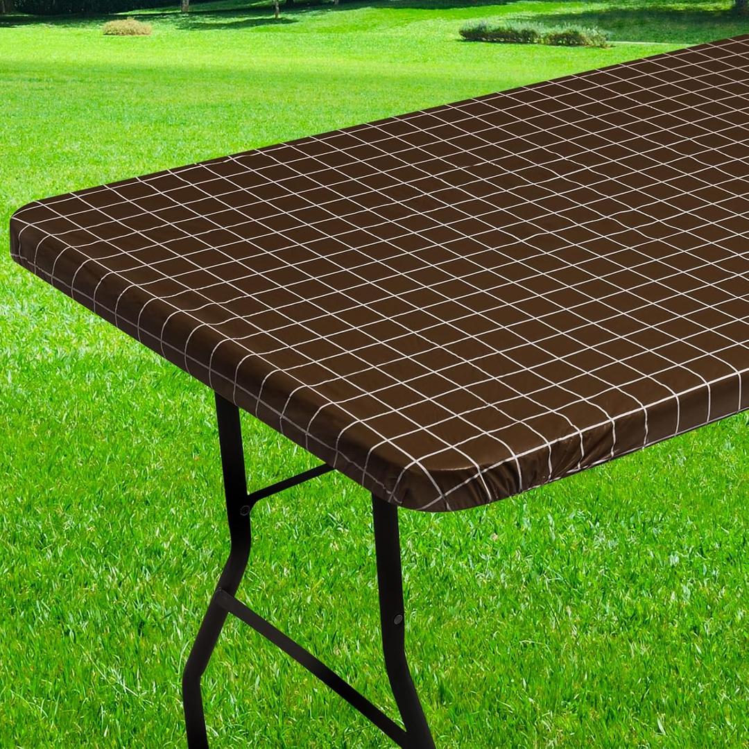Rectangle Vinyl Table Cloth 24x48, Waterproof Elastic Fitted Tablecloth with Flannel Backing, Plastic Table Cover for Picnic, Camping, Outdoor, Coffee