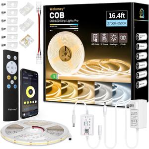 COB LED Strip Light White, 16.5ft Dimmable 2700K-6500K High Density 3100LEDs 24V Flexible LED Tape Light with Remote and APP Control, for Under Cabinet Bedroom Kitchen DIY Lighting