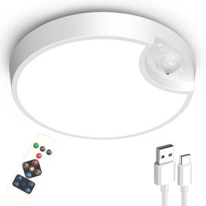 Rechargeable Motion Sensor Ceiling Light with Remote - 7.5inch Battery Powered Ceiling Light for Closets, Shower, Stairs, Shed, Hallway (White & Warm)