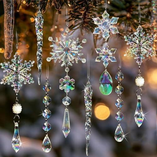 Christmas Tree Decorations Crystal Ornaments - 18pcs Iridescent Christmas Ornaments Acrylic Snowflakes Icicle Drop Crystal Hanging Ornaments for Xmas Tree Winter Holiday Frozen Party Decorations