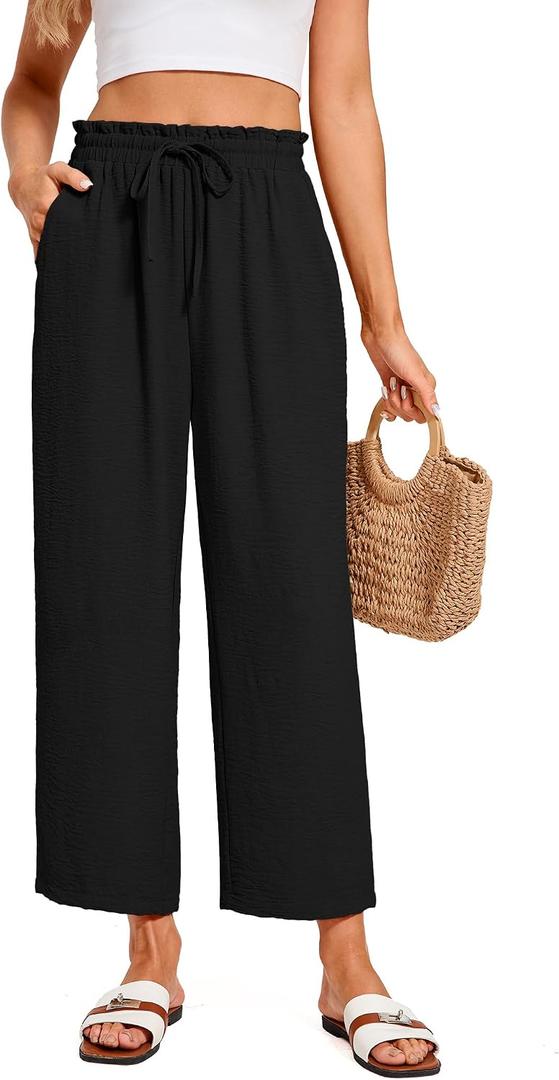 Women Summer Cropped Palazzo Pants Casual Wide Leg Flowy Ankle Pants Elastic Waist Beach Work Trousers with Pockets, Black, XL