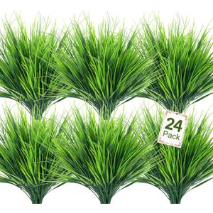 Ouddy Decor 24 Bundles Artificial Plants Outdoors Fake Wheat Grass Faux Greenery Stems Plastic Shrubs UV Resistant for Patio Garden Porch Window Box Spring Home Decor, Green