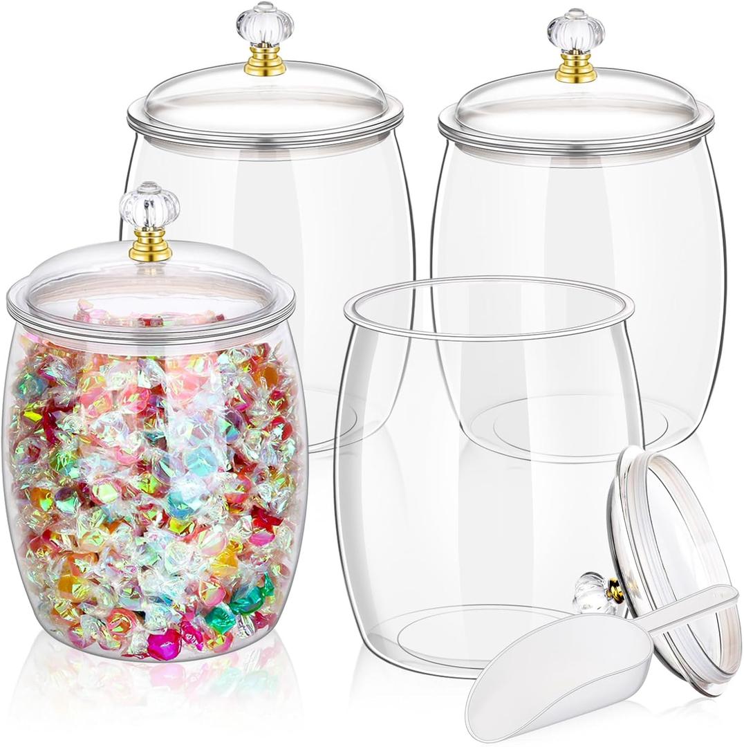 mwellewm 4 Pcs Candy Jars With Lids&Spoons 1/2 Gallon Clear Plastic Cookie Container Large Airtight Apothecary Storage Organization Hard Snack Buffet Canister for Wedding Home Kitchen Bar Decoration