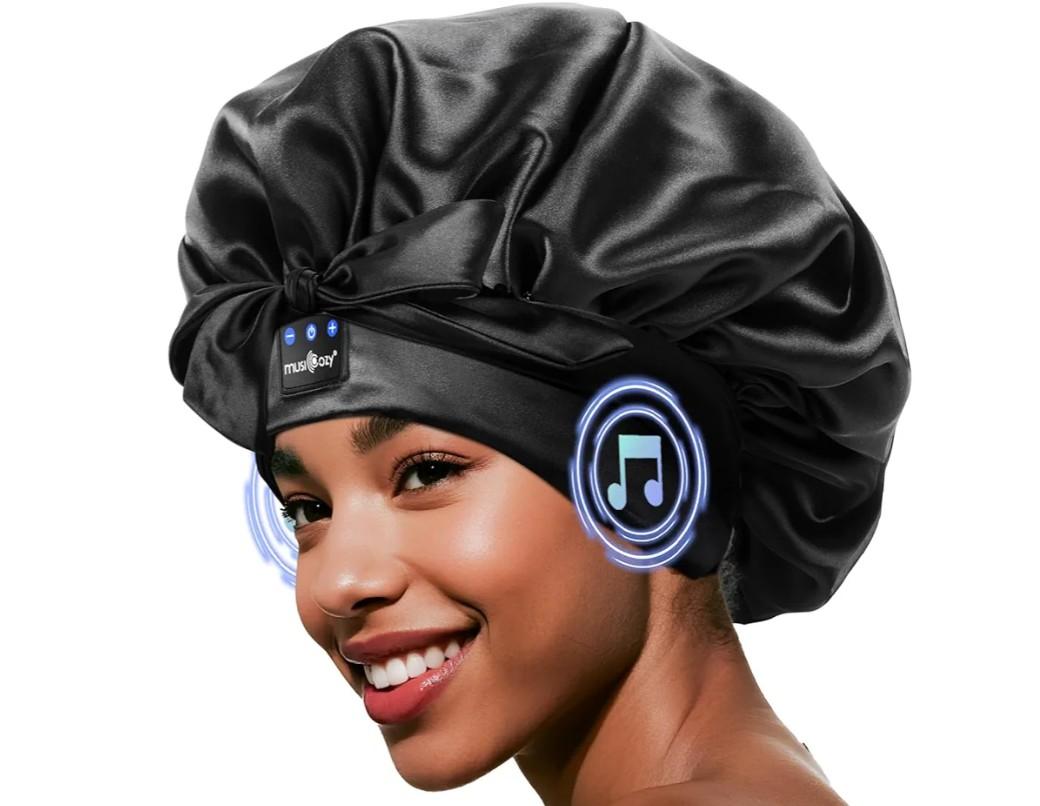 MUSICOZY Bluetooth Sleep Headphones with Satin Cap – Wireless Bedtime Headset with Ultra-Thin Speakers, Music Sleep Device for Side Sleepers & Hair Protection (Black)