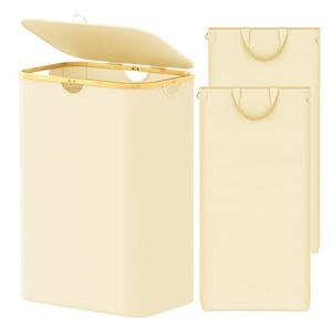 SpaceAid Double Laundry Hamper 2 Section with Lid and Removable Laundry Bags, 160L Clothes Basket with Bamboo Handles, Large Collapsible Hamper for Bedroom, Bathroom, Dorm, Laundry Room - Beige