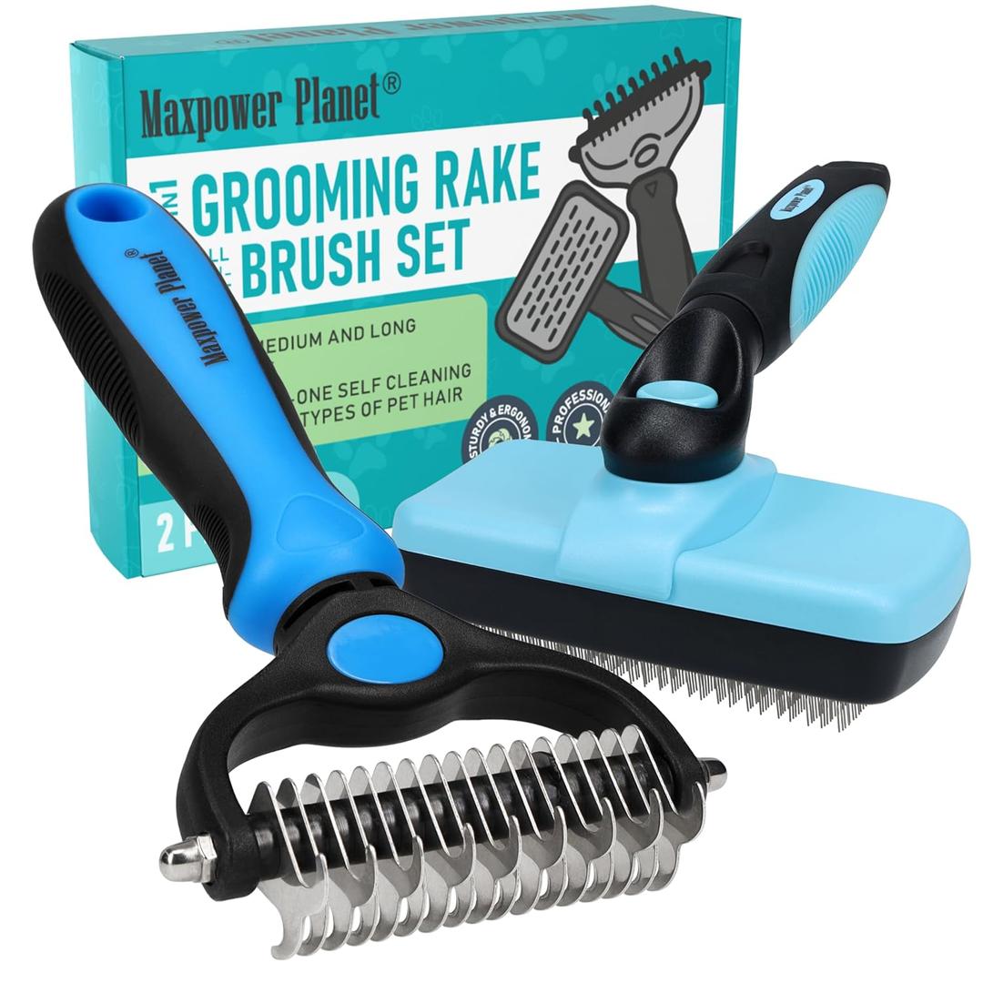 Maxpower Planet Dog Rake and Dog Hair Brush - Gently Removes Loose Undercoat, Mats and Tangled - Deshedding Grooming Tool for Dogs & Cats - Self Cleaning Slicker Brush - All Hair Types (Large)