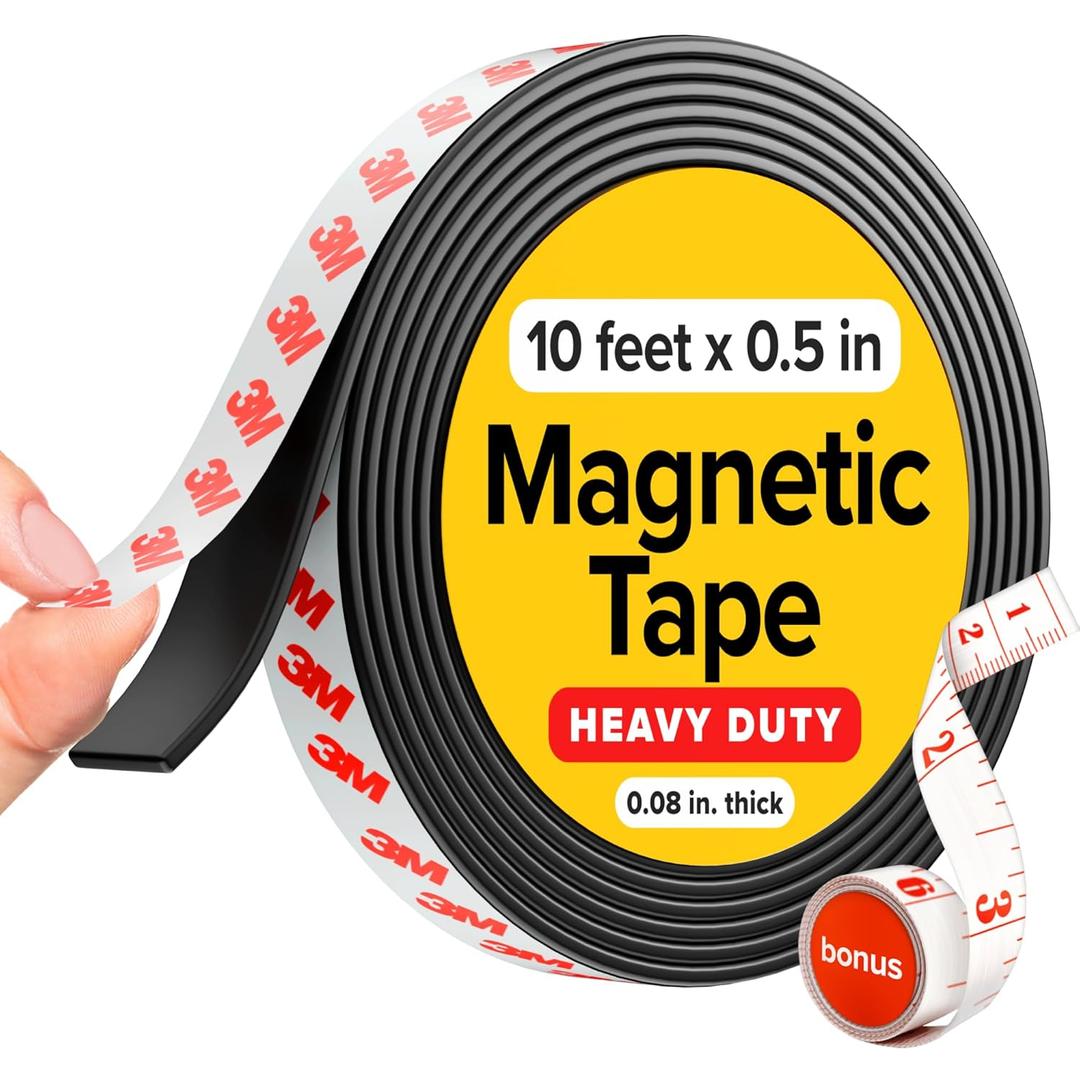Super Sticky Magnetic Tape (10 feet x 1/2 inch) - Stong Magnet Strip with Adhesive Backing for DIY & Crafts - Easy to Cut and Mount on Fridges, Whiteboards & More