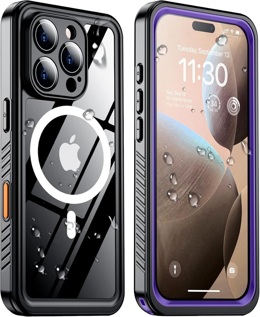 Temdan Magnetic for iPhone 16 Pro Max Case Waterproof,Built-in Screen Protector[IP68 Underwater][Upgrade Military Dropproof][Compatible with MagSafe] Full Body Shockproof Translucent Case 6.9''-Purple