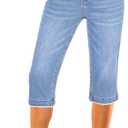 luvamia Capri Jeans for Women Trendy Mid Rise Distressed Raw Hem Casual Summer Stretchy Denim Capris Pants Relaxed Fit (Blue, L)