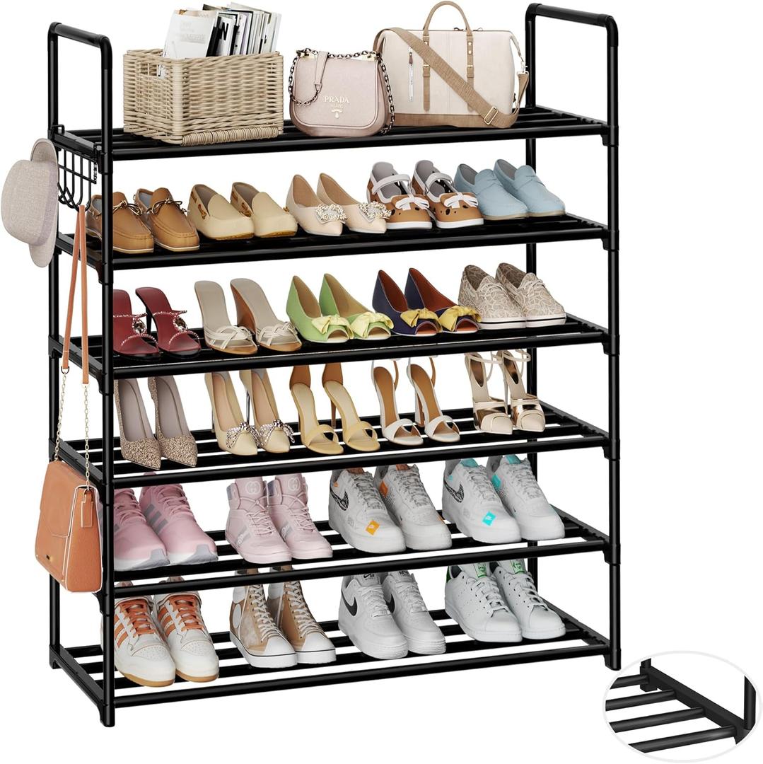 Metal Shoe Organizer, 6 Tiers Shoe Storage Shoe Rack with Hooks, Fit 24-30 Pairs, Adjustable Shoe Shelf for Entryway, Hallway, Bedroom, Metal Bottom Support