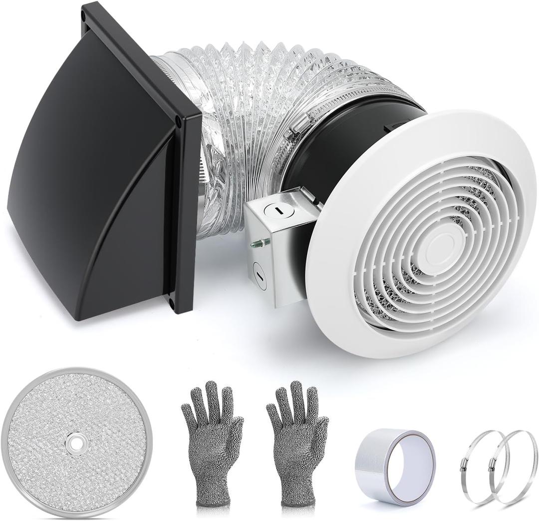 512M 6-Inch Through Wall Exhaust Fan, 80 CFM High Airflow & Quiet 4.0 Sones Operation Bathroom Exhaust Fan & Wall Vent Fan | Retractable Duct for Efficient Venting with Aluminum Grease Filter