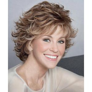 SEVENCOLORS Short Brown Wavy Wigs for White Women Layered Natural Brown Mixed Blonde Pixie Wig Synthetic Hair Short Womens Wigs