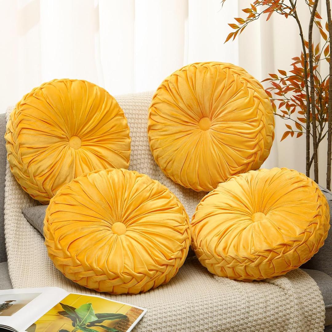 Beeveer 4 Pcs Round Throw Pillows 15 Inch Decorative Velvet Pleated Pumpkin Floor Boho Pillows for Living Room Couch Chair Bed Sofa (Yellow)