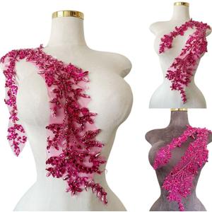 Handmade Shining Acrylic Rhinestones on lace Applique Sewing Beads Stones Trim Patches Accessories for Wedding Dress 4.3X 23.6inches (Rose red)