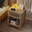 Rattan Nightstand, Farmhouse Side Table with Drawer and Storage Shelf, Boho Bedside Night Stand with Golden Handle, Wooden End Table for Bedroom, Dorm and Small Spaces, Natural 15"D x 19.7"W x 25.2"H