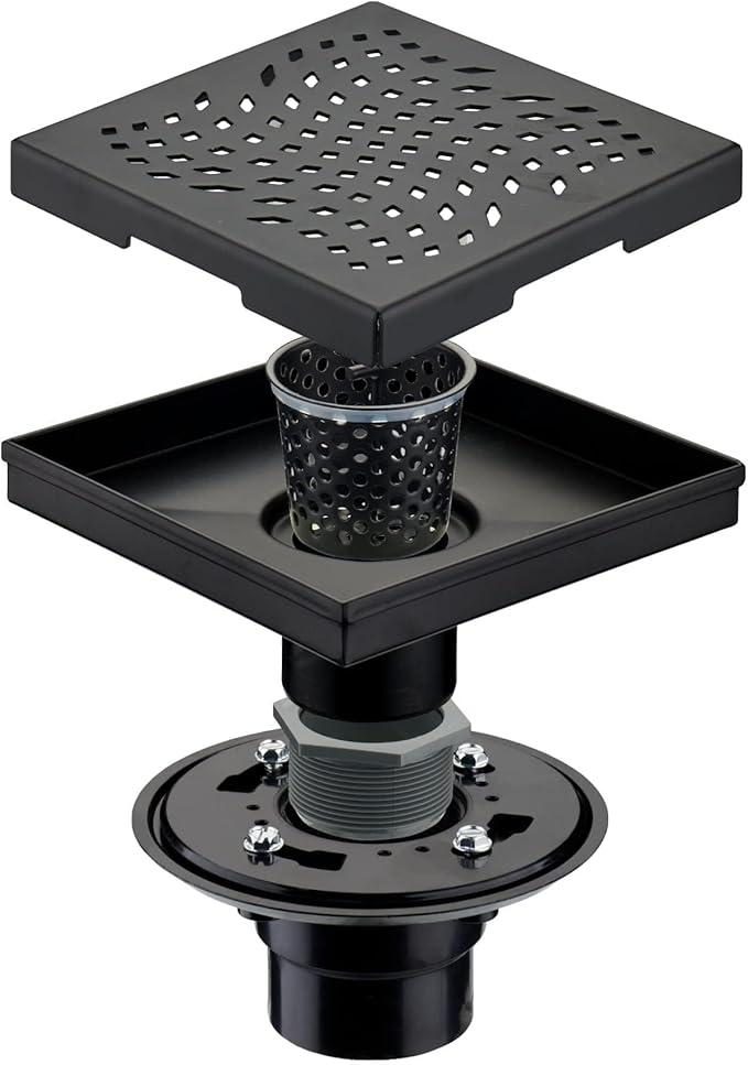 Matte Black Shower Drain with Flange, HIDROP SUS 304 Stainless Steel 6 inch Square Shower Floor Drain with Removable Hair Strainer