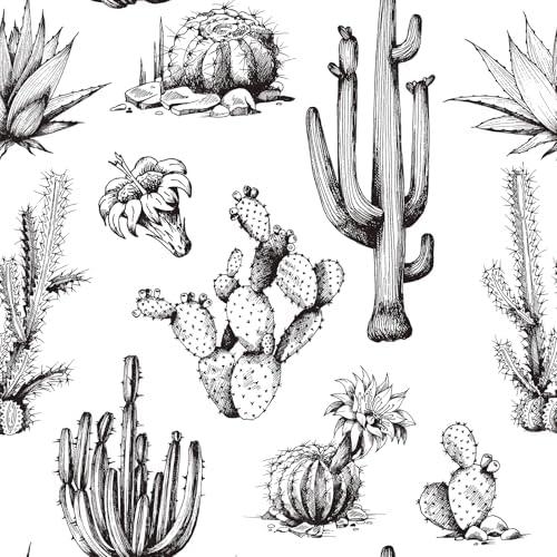 Livelynine 17.5x276 Cactus Wallpaper Peel and Stick Black and White Western Wallpaper for Bedroom Kitchen Walls Succulents Plant Renter Friendly Black and White Contact Paper for Walls Waterproof