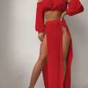 Women's Sheer Mesh Chiffon Double Slit Cover Up Skirt Rave Festival Costume Swim Beach Flowy Long Maxi Skirts Red (M)