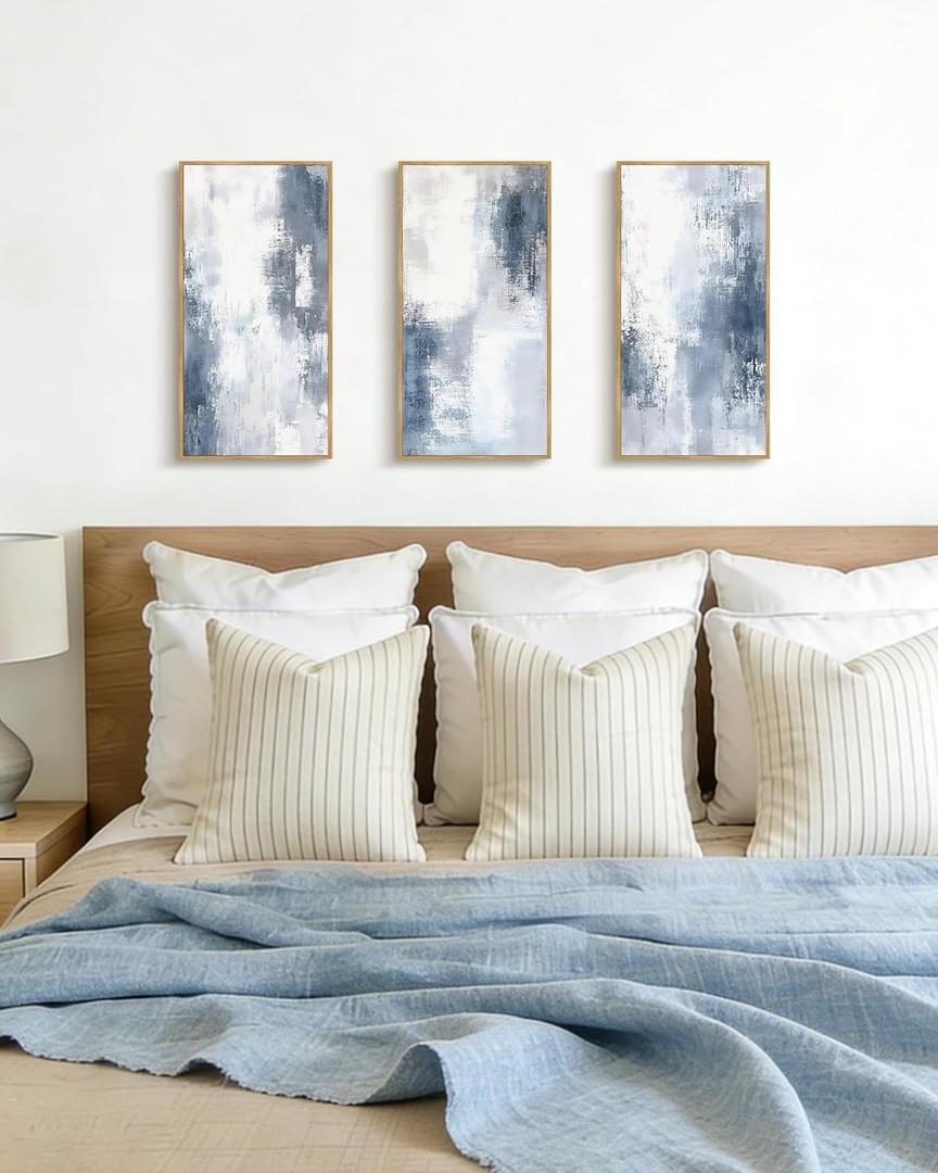 KUVIOKE Abstract Wall Art Blue Gray White Minimalist Painting Modern Decor Bedroom Living Room Ready to Hang 8x16in3pcs Natural Framed