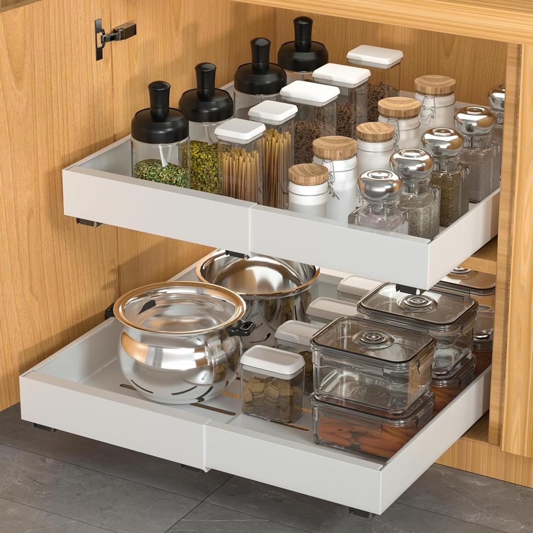 2 Pack Pull Out Cabinet Organizer Expandable, Adhesive with Nano Film, Pull Out Drawers for Cabinets in Kitchen, Pantry or Bathroom (White, 21" DEEP)