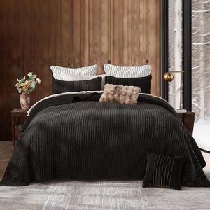 SHALALA Velvet Quilt King Size,Vertical Striped Bedding Set,Lightweight Velvet Comforter,Luxurious Cozy Bedspread and Coverlet with Soft Brushed Microfiber(Dark Brown,King)