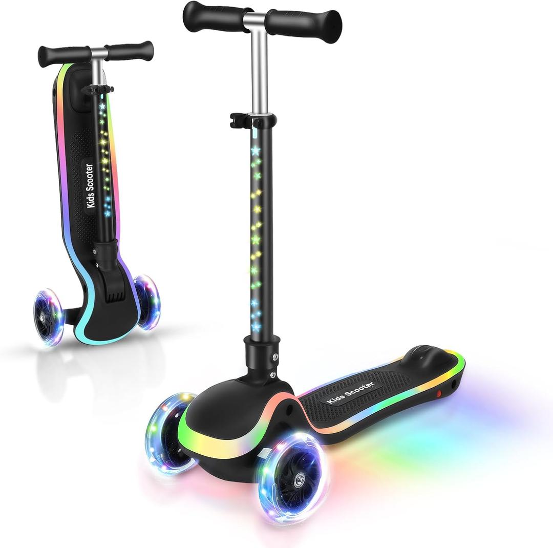 Kids Scooter with Seat, 2 in 1 Kick Toddler Scooter with LED Light-Up Wheels and Light up Deck, 4 Adjustable Heights, Lean to Steer, 3 Wheels Scooter Suitable for Boys & Girls Ages 2-8 Years