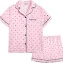 Veseacky Girl's Satin Pajamas Set Short Sleeve Button Sleep Shirt with Silky Shorts Set PJ for Teens (Pink Dots,size 12)