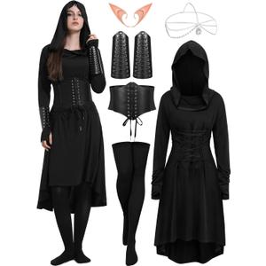 6 Pcs Renaissance Costume Women, Medieval Dress for Women Fairy Costumes Elf Viking Dress for Halloween Ren Faire (XX-Large, Black)