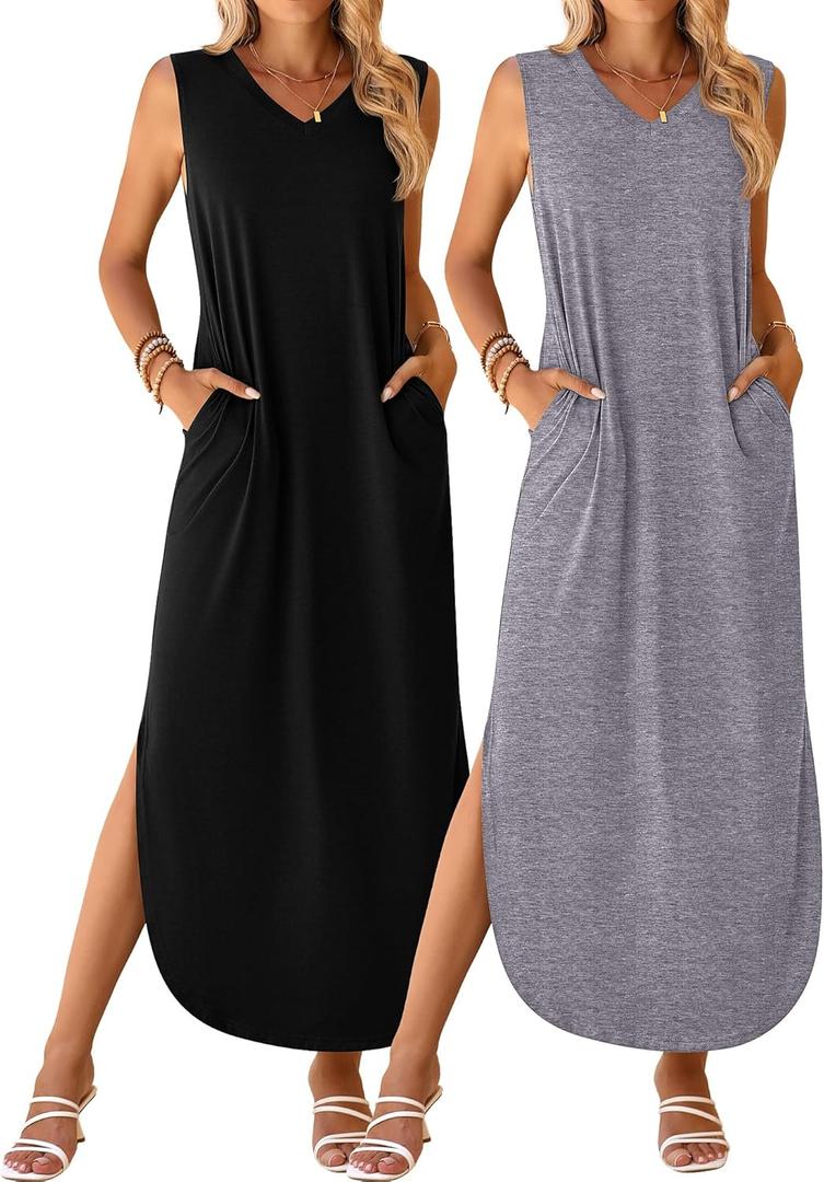 Ficerd 2 Pcs Women's Maxi Dresses Summer Sleeveless Beach Long Dress V Neck Casual Loose Split Sundress with Pockets (XXL)