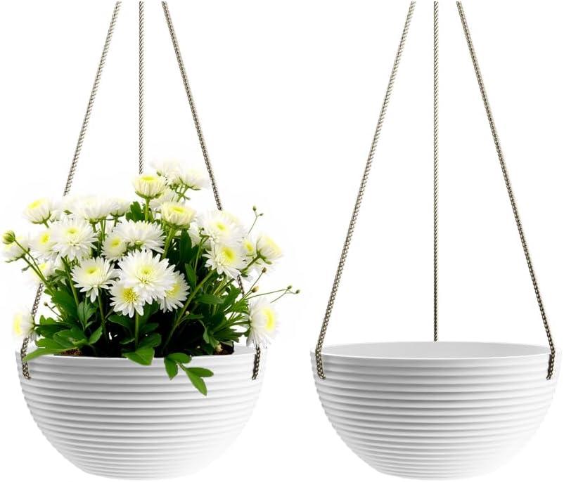 Asnext Line Pattern 10 Inch Hanging Planter for Indoor Outdoor Plants, 2 Pack Round Hanging Pots for Plants (White)