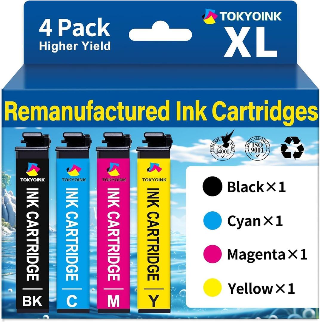 TOKYOINK 222XL Ink Cartridges Combo Pack Remanufactured Replacement for Epson 222 Ink Cartridge 222XL Works for XP-5200, WF-2960Printer (Black, Cyan, Magenta, Yellow Multipack Pack)