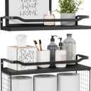 WOPITUES Floating Shelves with Wire Storage Basket, Bathroom Shelves Over Toilet with Protective Metal Guardrail, Wood Wall Shelves for Bathroom, Bedroom, Living Room, Toilet Paper-Black