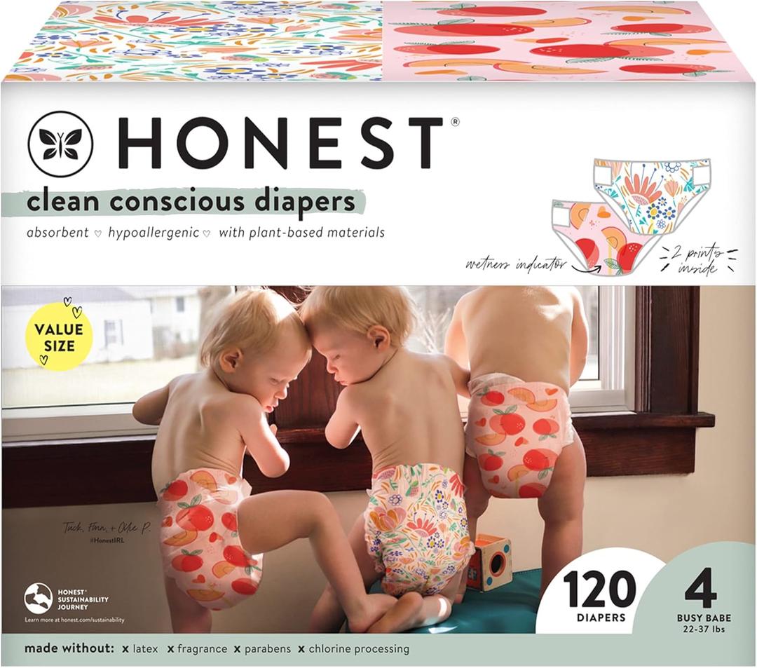 The Honest Company Clean Conscious Diapers | Plant-Based, Sustainable | Just Peachy + Flower Power | Super Club Box, Size 4 (22-37 lbs), 120 Count