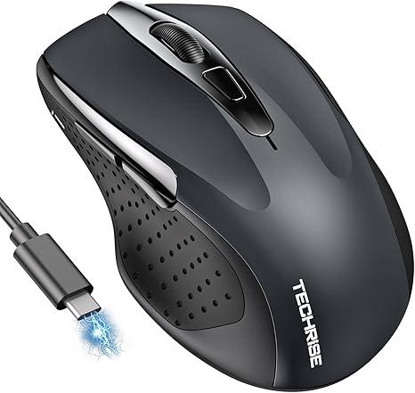 TechRise Bluetooth Mouse (BT5.0/3.0 & 2.4G) Rechargeable Wireless Mouse, 4800 DPI Optical Tracking, 6 Adjustable DPI, 2.4GHz with USB A Receiver, Quiet Clicks, Ergonomic Grips, 6 Buttons  Grey
