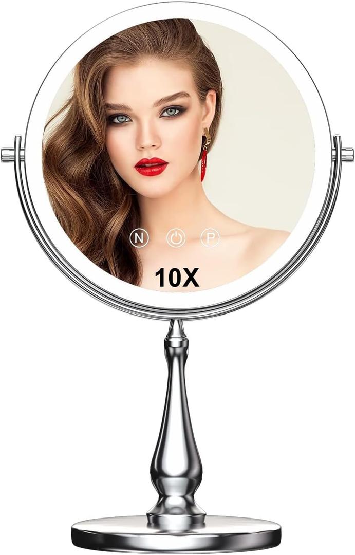 9" Large Lighted Makeup Mirror, 1X/10X Magnifying Vanity Mirror with 3 Colors Dimmable Lightning, 80 LED Lights, 360Rotation Double Sided Standing Desk Mirror (Silver)
