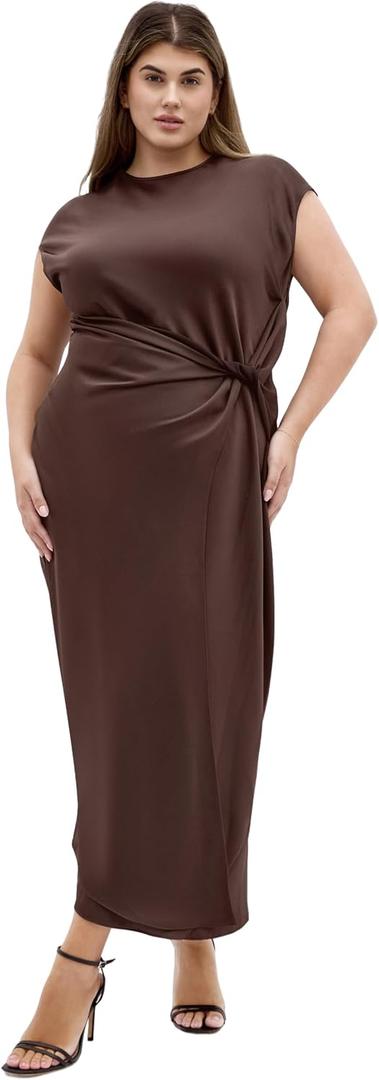 City Chic Women's Plus Size Dress - Beatrix Knot Satin (Brown, XXS)