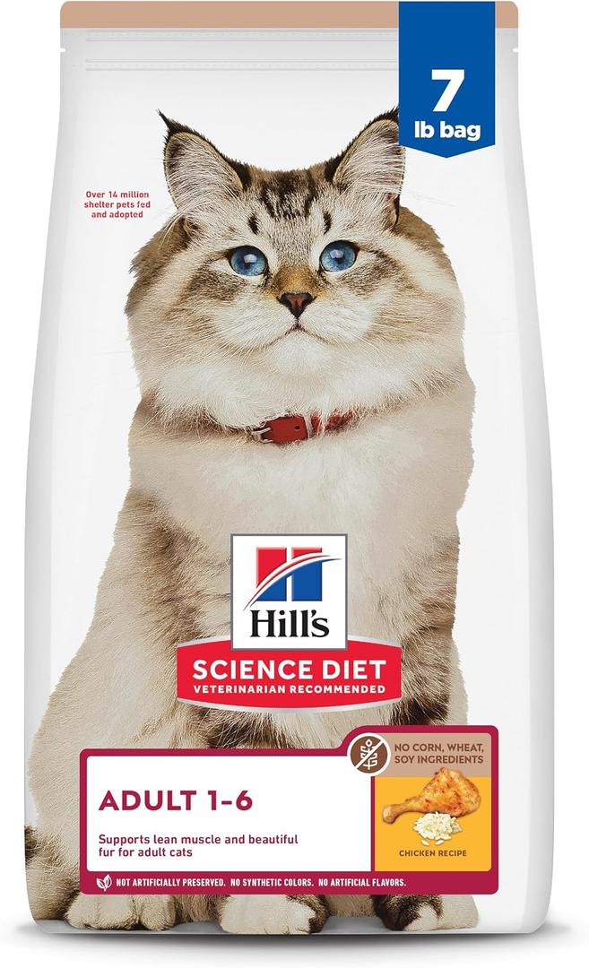 Hill's Science Diet Adult 1-6 No Corn, Wheat or Soy Dry Cat Food, Chicken, 7 lb. Bag (BBD 08/31/26)