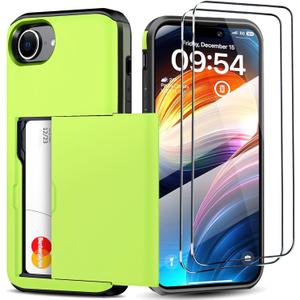 for iPhone 16e Wallet Case with Card Holder + 2 Tempered Glass Screen Protector Protective Shockproof Hidden Card Slot Slim Case Women Men for iPhne 16e 6.1"(Light Green)