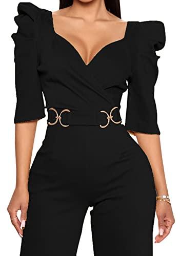 ZonJie Black Sexy Jumpsuits for Women Summer Plus Size Short Sleeve Party Rompers Dressy Club Wide Leg Long Pants,805 Black_Medium