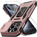 7 x DEERLAMN Case for iPhone 15 Pro with Slide Camera Cover+Screen Protector(1 Pack), Rotated Ring Kickstand Military Grade Shockproof Protective Cover 6.1 Inch-Rose Gold